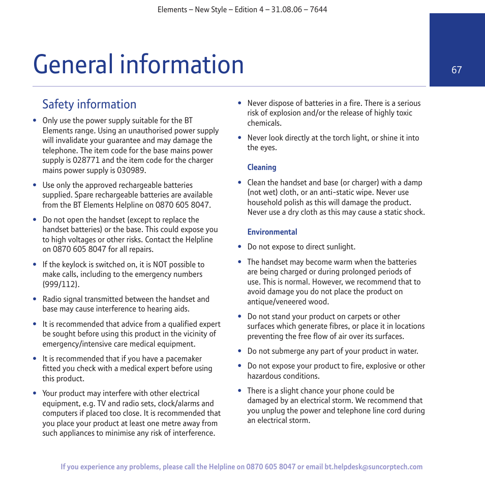 General information, Safety information | BT Digital Cordless Telephone User Manual | Page 67 / 72