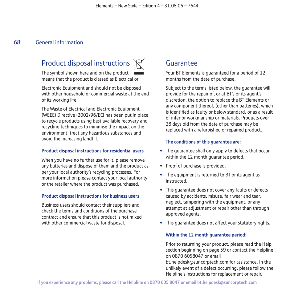 Product disposal instructions, Guarantee | BT Digital Cordless Telephone User Manual | Page 68 / 72