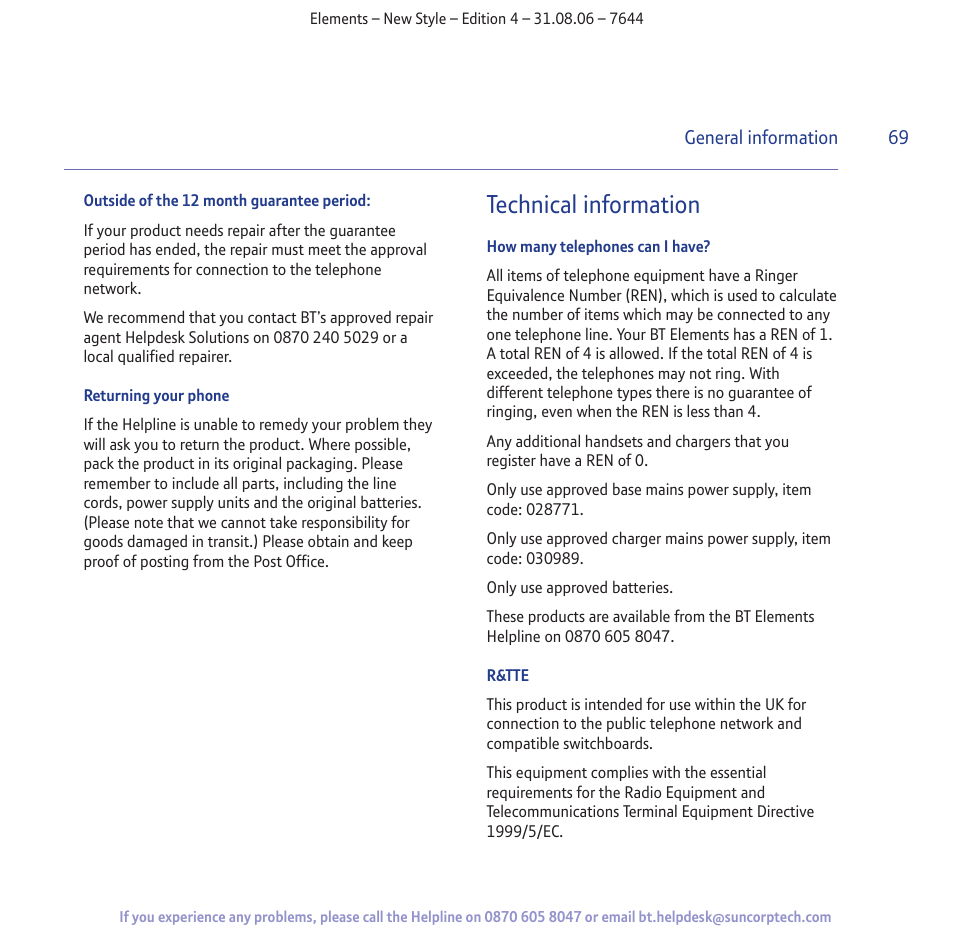Technical information | BT Digital Cordless Telephone User Manual | Page 69 / 72