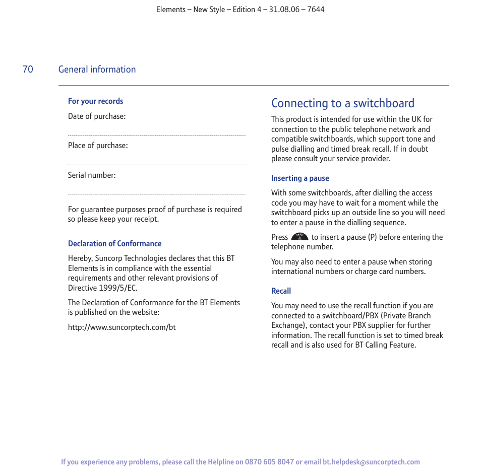 Connecting to a switchboard | BT Digital Cordless Telephone User Manual | Page 70 / 72