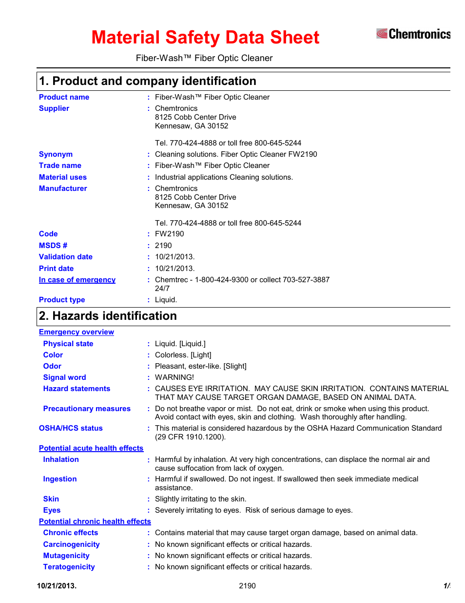 Chemtronics Fiber-Wash Aqueous Fiber Optic Cleaning Pen FW2190 User Manual | 9 pages