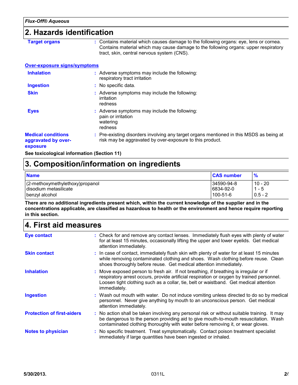 Hazards identification, Composition/information on ingredients, First aid measures | Chemtronics Flux-Off Aqueous ES132 User Manual | Page 2 / 9