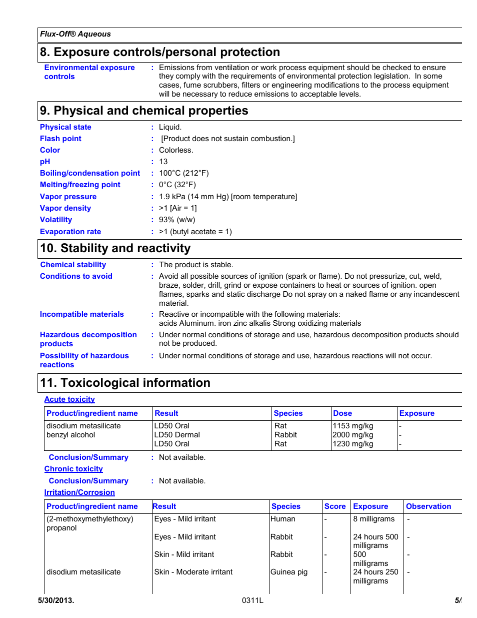 Exposure controls/personal protection, Physical and chemical properties, Stability and reactivity | Toxicological information | Chemtronics Flux-Off Aqueous ES132 User Manual | Page 5 / 9