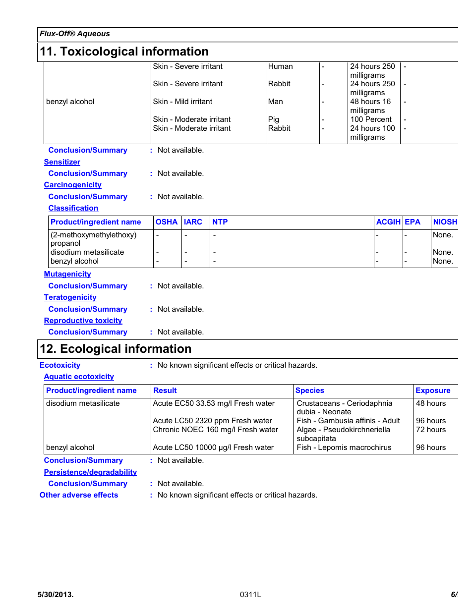 Toxicological information, Ecological information | Chemtronics Flux-Off Aqueous ES132 User Manual | Page 6 / 9