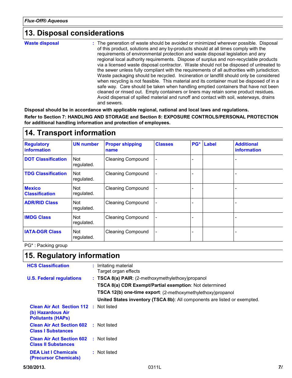 Disposal considerations, Transport information, Regulatory information | Chemtronics Flux-Off Aqueous ES132 User Manual | Page 7 / 9