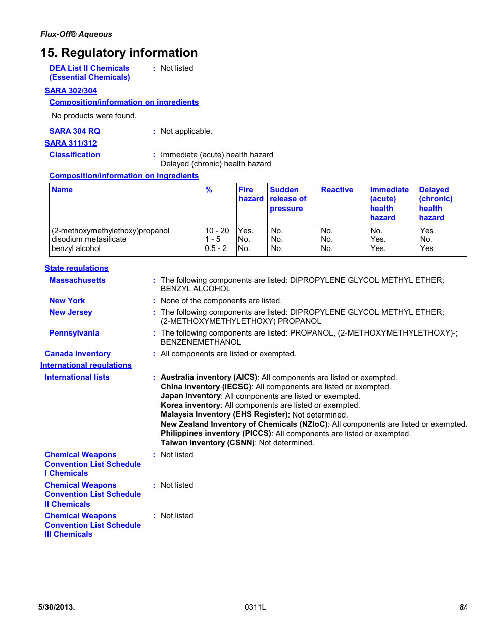 Regulatory information | Chemtronics Flux-Off Aqueous ES132 User Manual | Page 8 / 9
