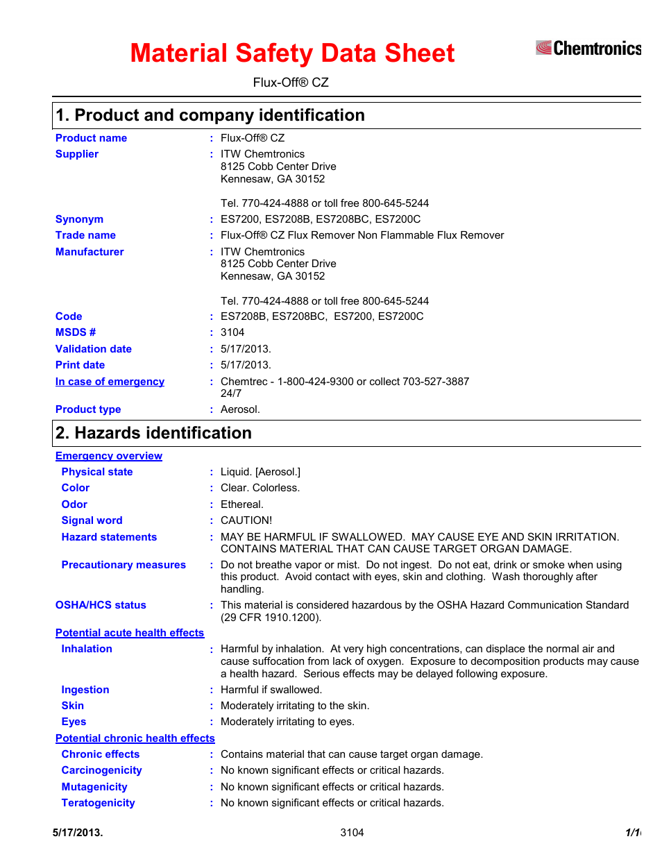Chemtronics Flux-Off CZ ES7200 User Manual | 10 pages