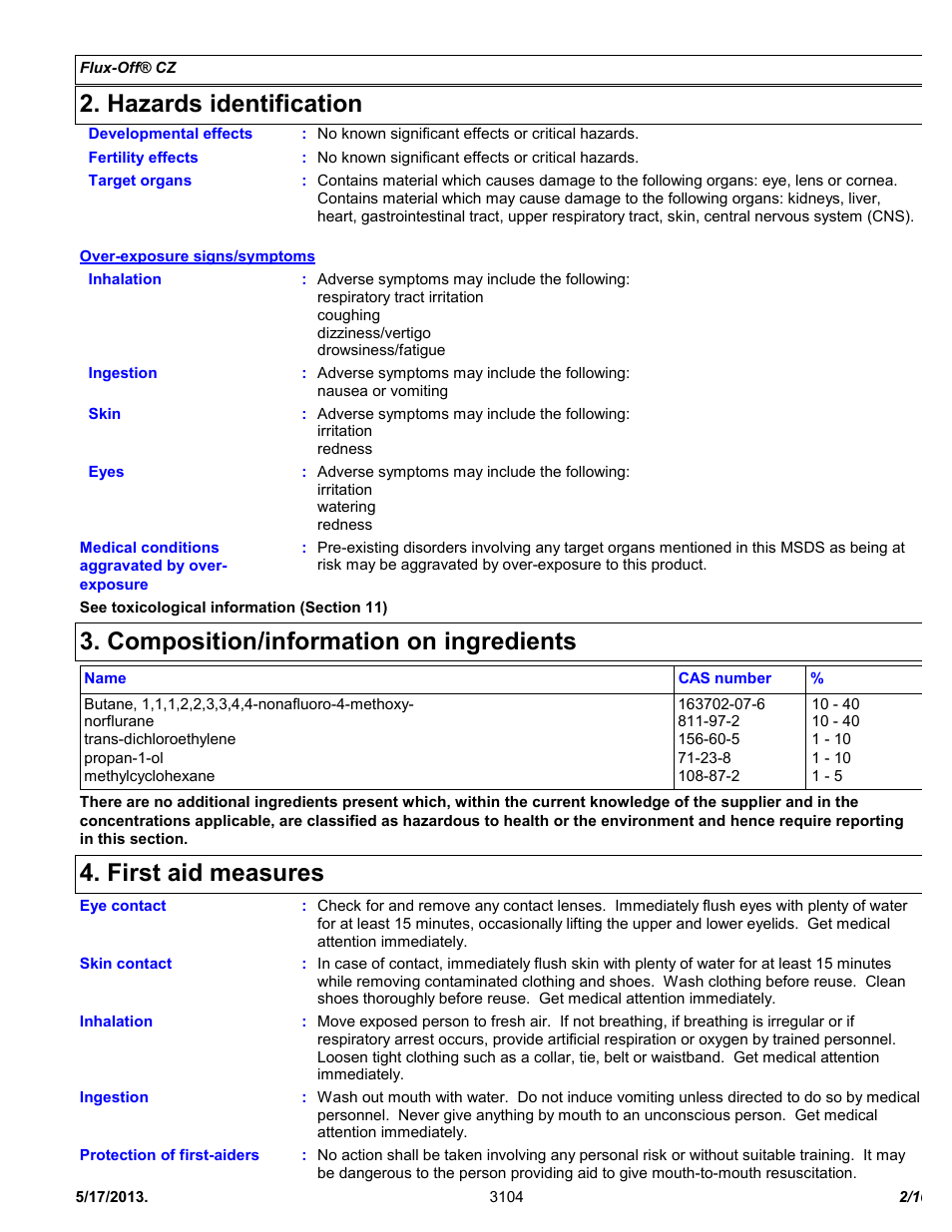 Hazards identification, Composition/information on ingredients, First aid measures | Chemtronics Flux-Off CZ ES7200 User Manual | Page 2 / 10