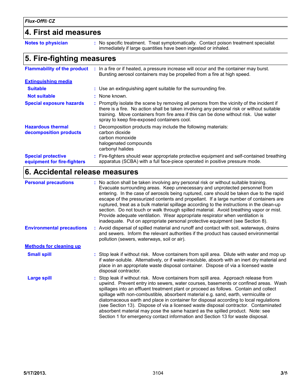 First aid measures, Fire-fighting measures, Accidental release measures | Chemtronics Flux-Off CZ ES7200 User Manual | Page 3 / 10