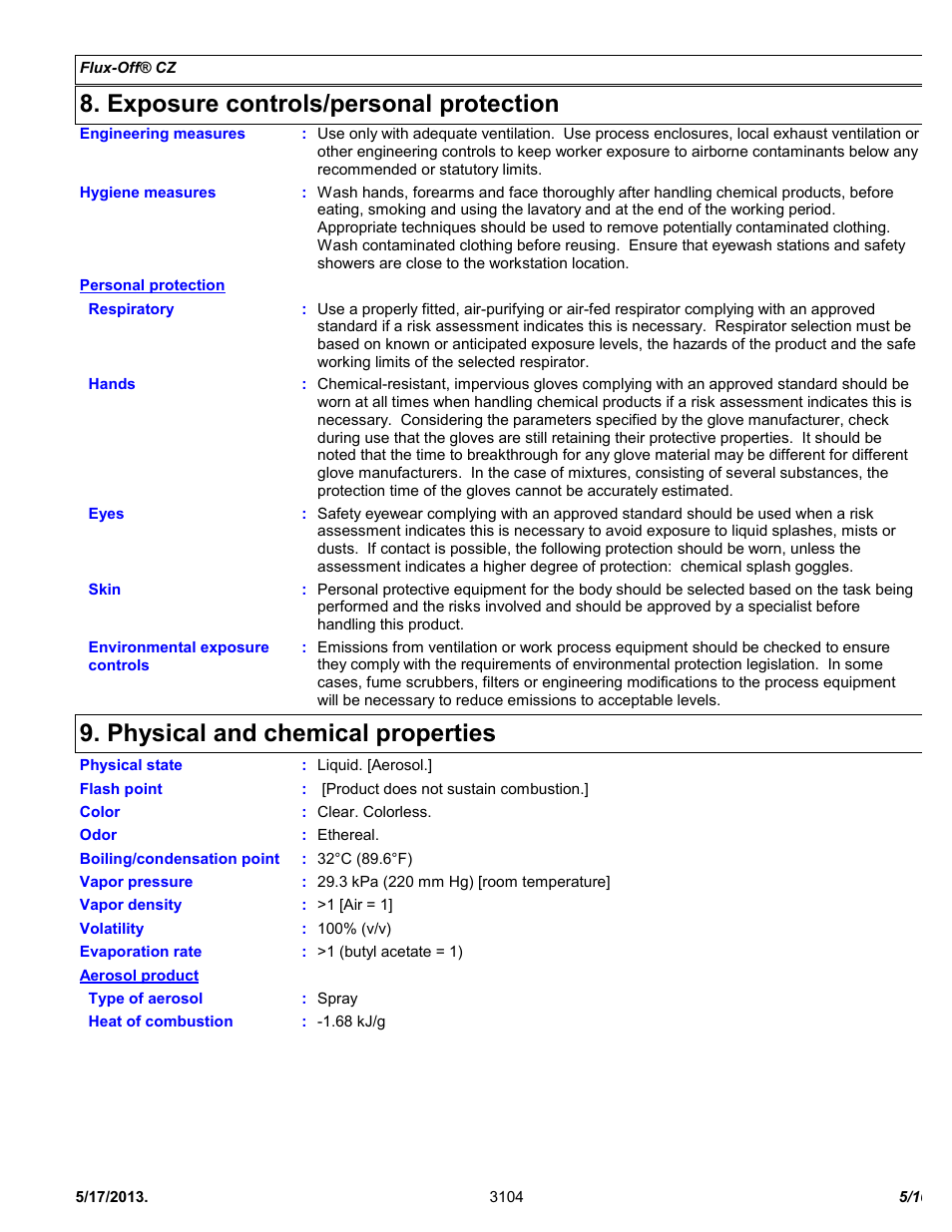 Exposure controls/personal protection, Physical and chemical properties | Chemtronics Flux-Off CZ ES7200 User Manual | Page 5 / 10