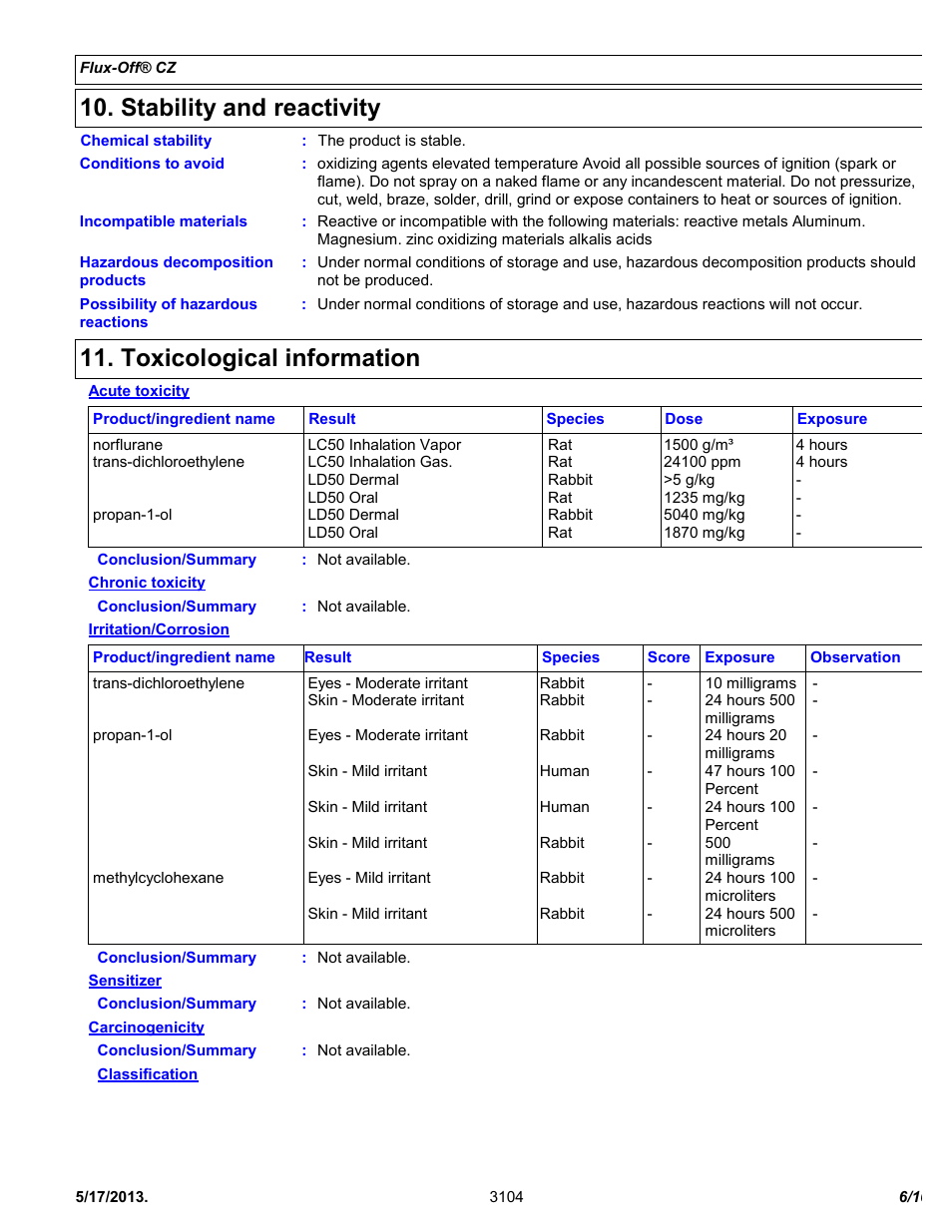 Stability and reactivity, Toxicological information | Chemtronics Flux-Off CZ ES7200 User Manual | Page 6 / 10