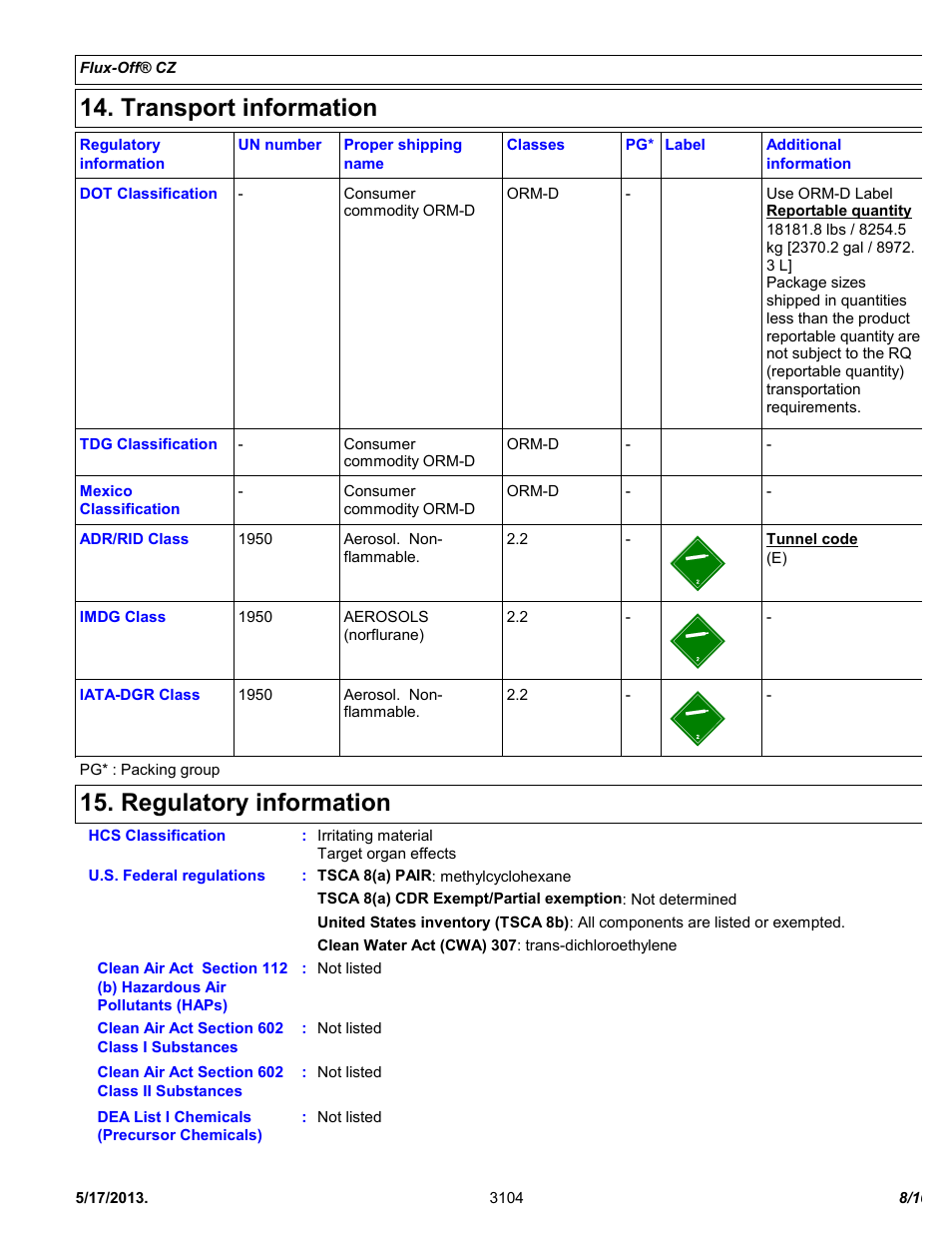 Transport information, Regulatory information | Chemtronics Flux-Off CZ ES7200 User Manual | Page 8 / 10