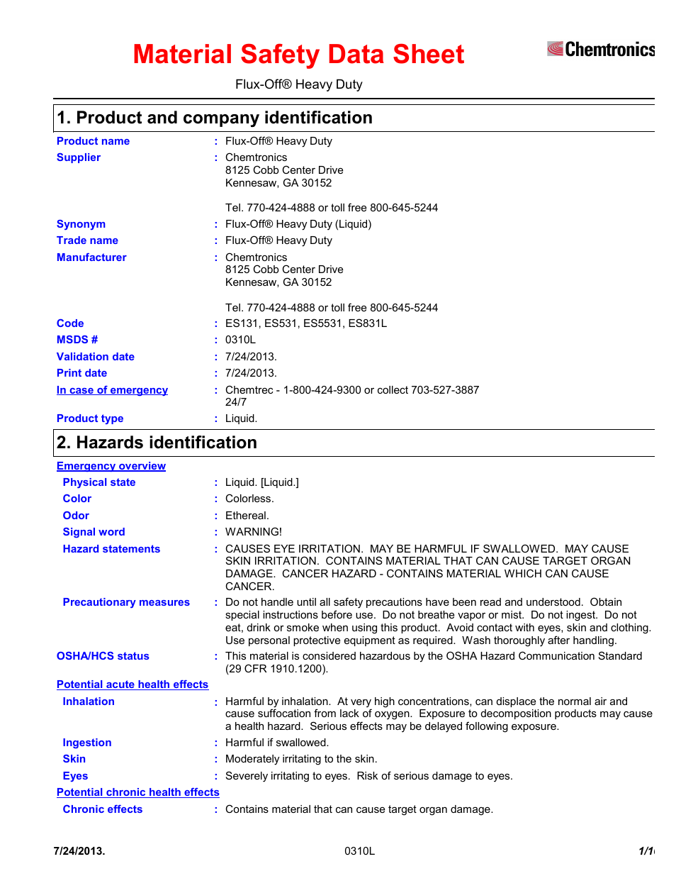 Chemtronics Flux-Off Heavy Duty ES131 User Manual | 10 pages