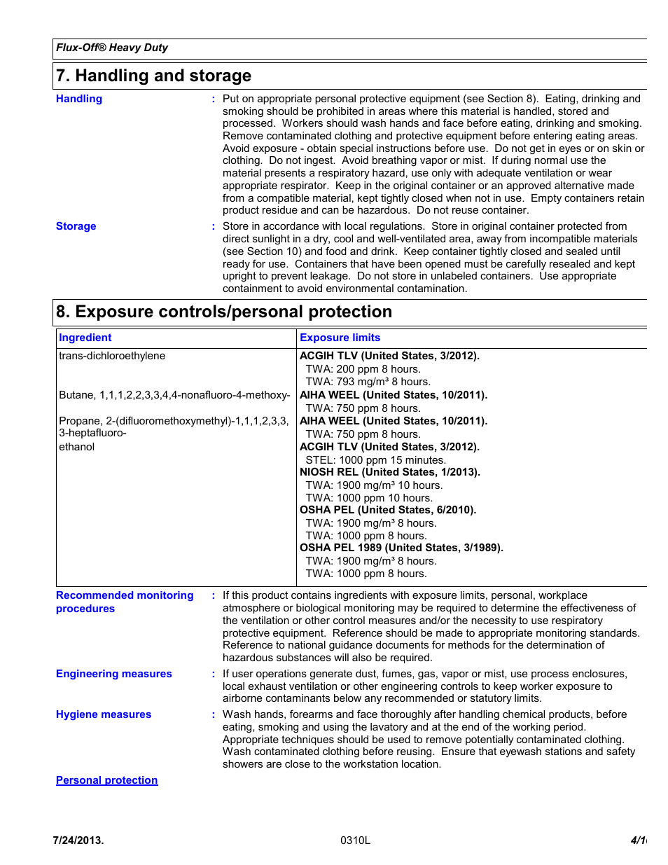Handling and storage, Exposure controls/personal protection | Chemtronics Flux-Off Heavy Duty ES131 User Manual | Page 4 / 10