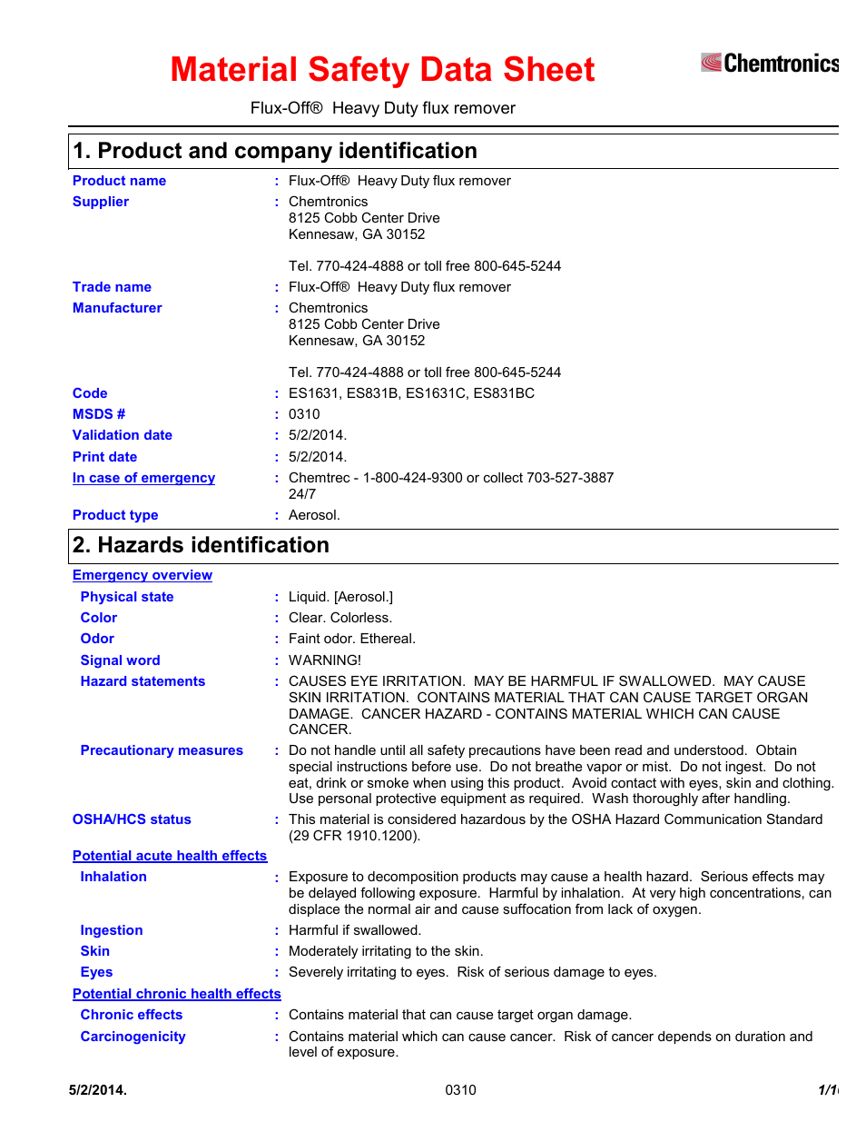 Chemtronics Flux-Off Heavy Duty ES1631 User Manual | 10 pages