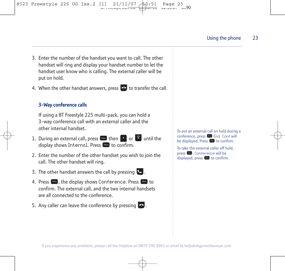 Internal, Conference | BT Freestyle 255 User Manual | Page 23 / 60