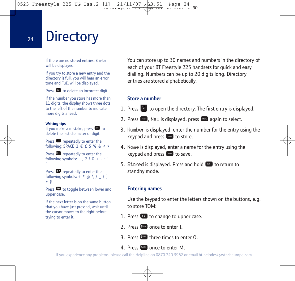 Directory, Number, Name | Stored | BT Freestyle 255 User Manual | Page 24 / 60