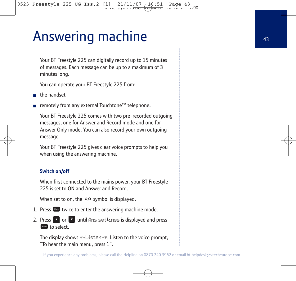 Answering machine | BT Freestyle 255 User Manual | Page 43 / 60