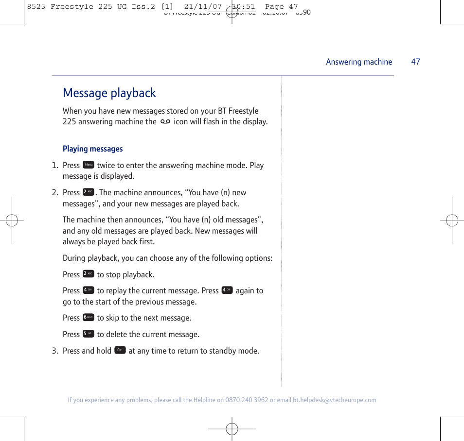 Message playback | BT Freestyle 255 User Manual | Page 47 / 60