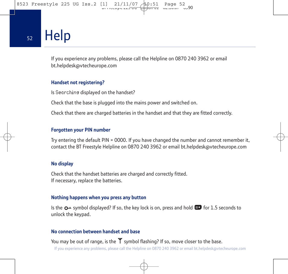 Help | BT Freestyle 255 User Manual | Page 52 / 60