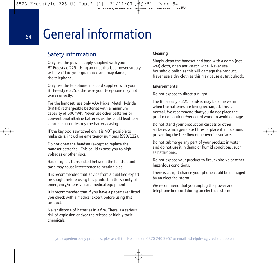 General information, Safety information | BT Freestyle 255 User Manual | Page 54 / 60