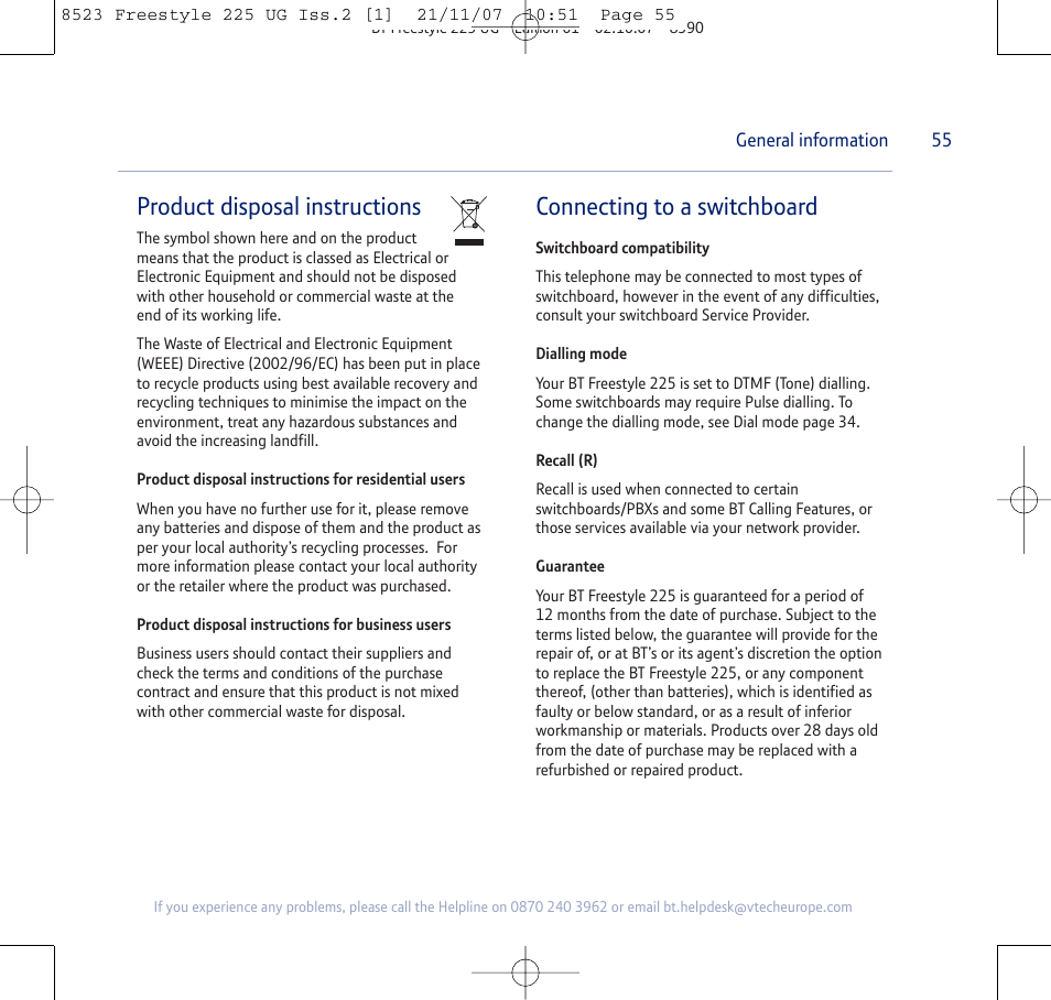 Product disposal instructions, Connecting to a switchboard | BT Freestyle 255 User Manual | Page 55 / 60