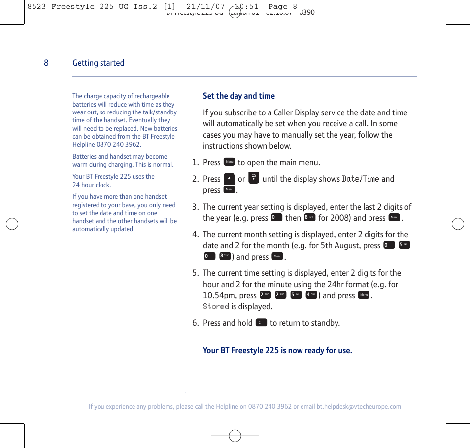 Date/time, Stored, 8getting started | BT Freestyle 255 User Manual | Page 8 / 60