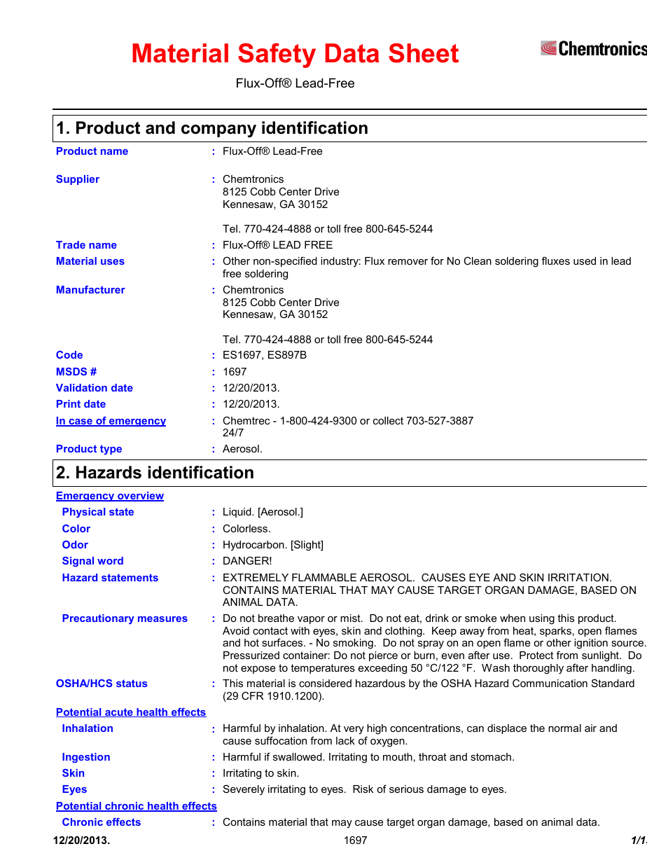 Chemtronics Flux-Off Lead Free ES897B User Manual | 13 pages