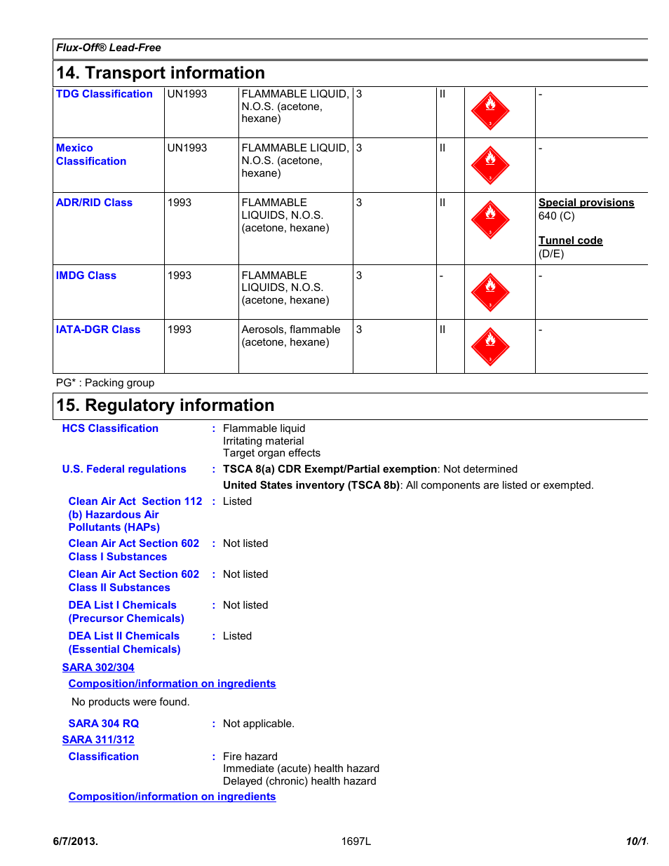 Transport information, Regulatory information | Chemtronics Flux-Off Lead Free ES197 User Manual | Page 10 / 13
