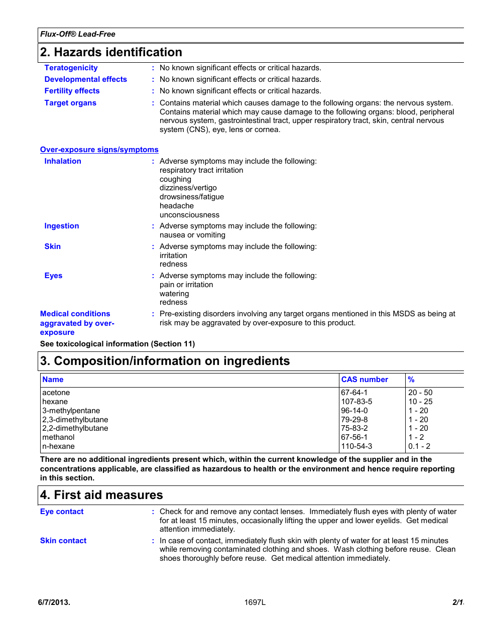 Hazards identification, Composition/information on ingredients, First aid measures | Chemtronics Flux-Off Lead Free ES197 User Manual | Page 2 / 13