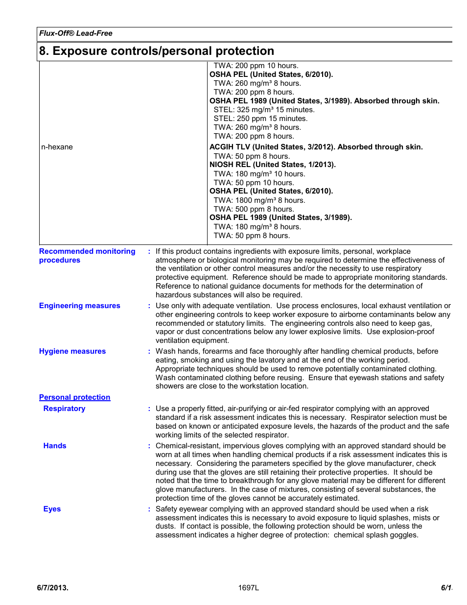 Exposure controls/personal protection | Chemtronics Flux-Off Lead Free ES197 User Manual | Page 6 / 13