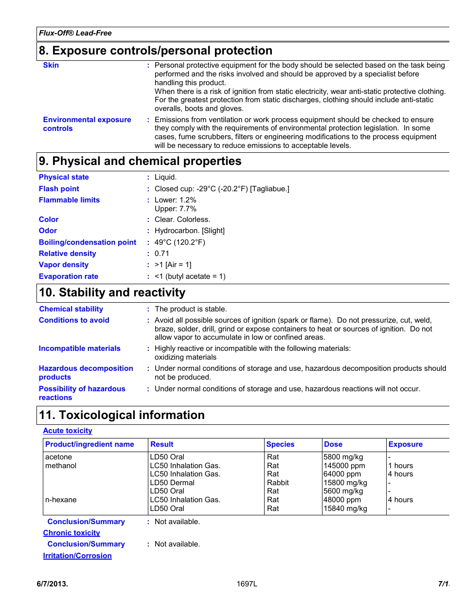Exposure controls/personal protection, Physical and chemical properties, Stability and reactivity | Toxicological information | Chemtronics Flux-Off Lead Free ES197 User Manual | Page 7 / 13