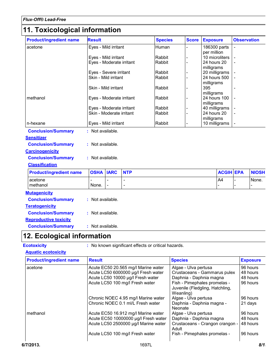 Toxicological information, Ecological information | Chemtronics Flux-Off Lead Free ES197 User Manual | Page 8 / 13