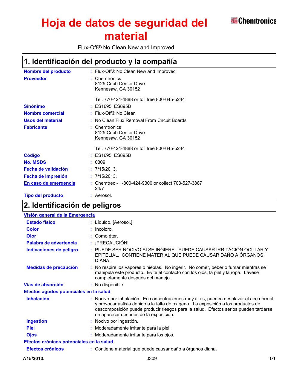Chemtronics Flux-Off No Clean ES895B User Manual | 11 pages
