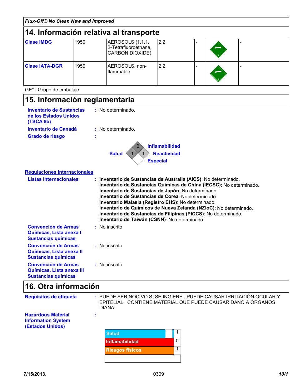 Información relativa al transporte, Información reglamentaria, Otra información | Chemtronics Flux-Off No Clean ES895B User Manual | Page 10 / 11