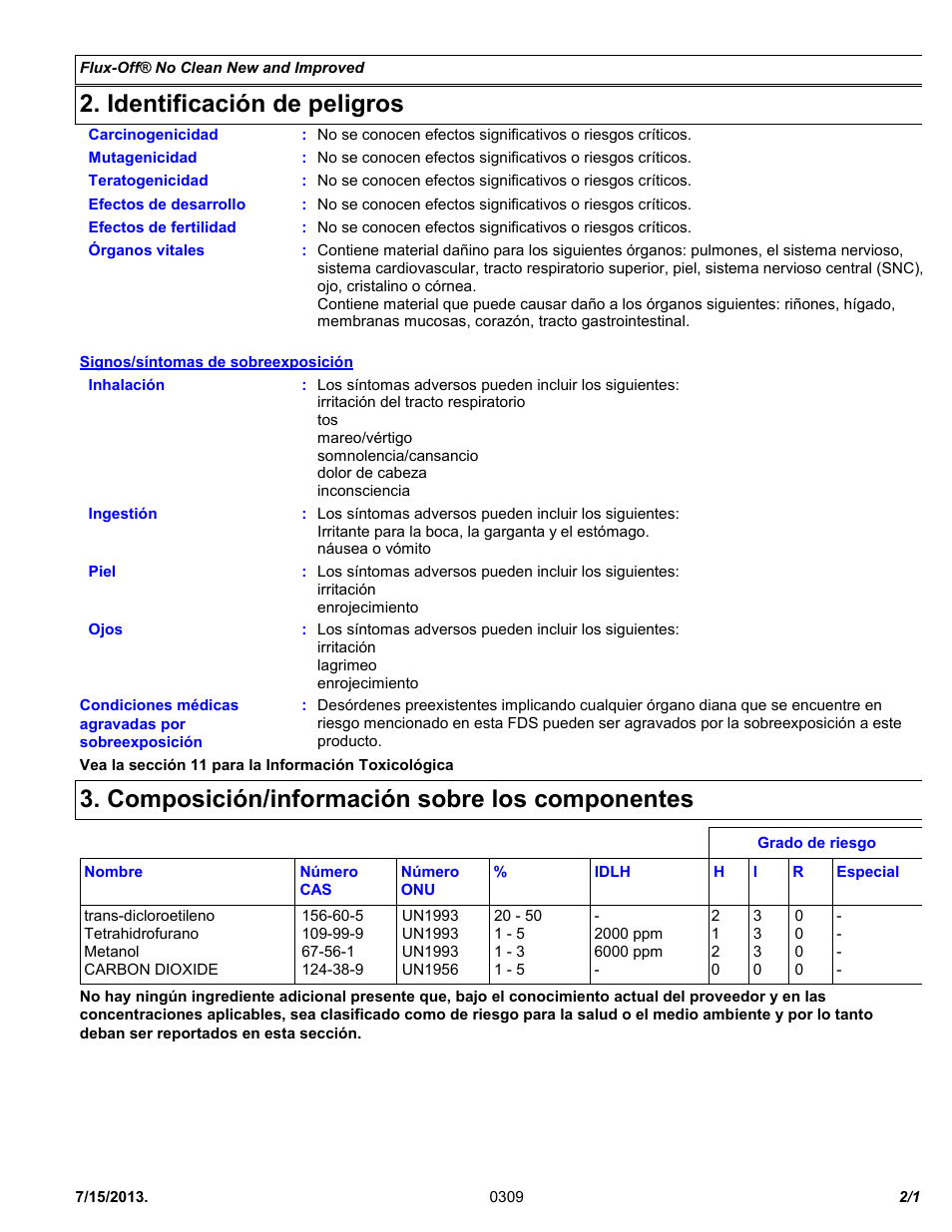 Identificación de peligros, Composición/información sobre los componentes | Chemtronics Flux-Off No Clean ES895B User Manual | Page 2 / 11