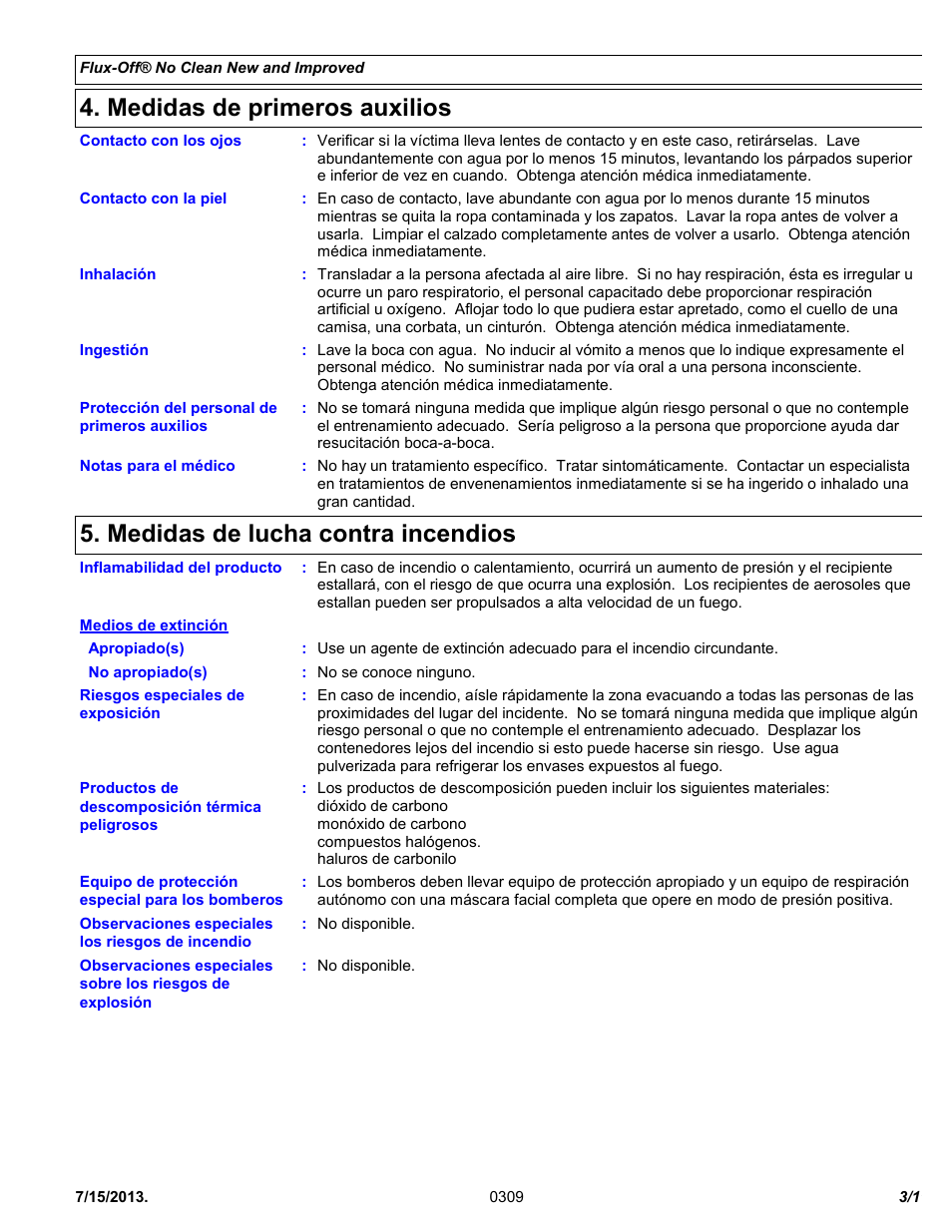 Medidas de primeros auxilios, Medidas de lucha contra incendios | Chemtronics Flux-Off No Clean ES895B User Manual | Page 3 / 11