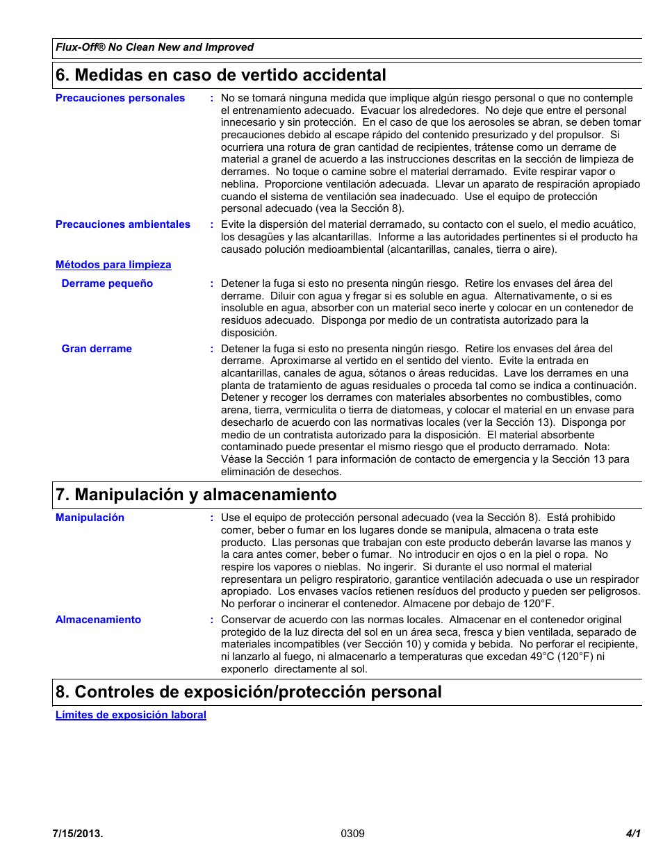 Medidas en caso de vertido accidental, Manipulación y almacenamiento, Controles de exposición/protección personal | Chemtronics Flux-Off No Clean ES895B User Manual | Page 4 / 11