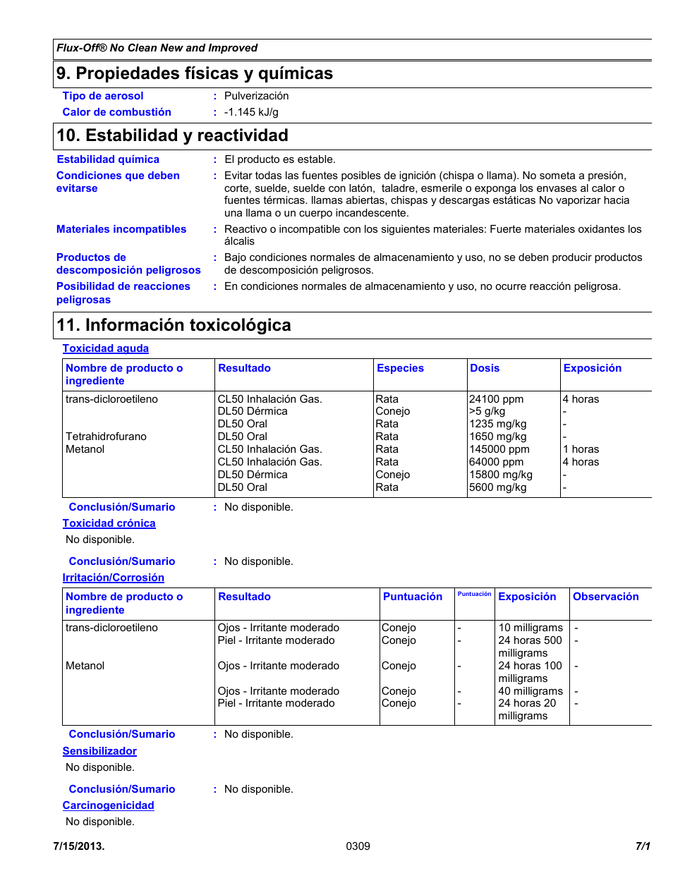 Propiedades físicas y químicas, Estabilidad y reactividad, Información toxicológica | Chemtronics Flux-Off No Clean ES895B User Manual | Page 7 / 11