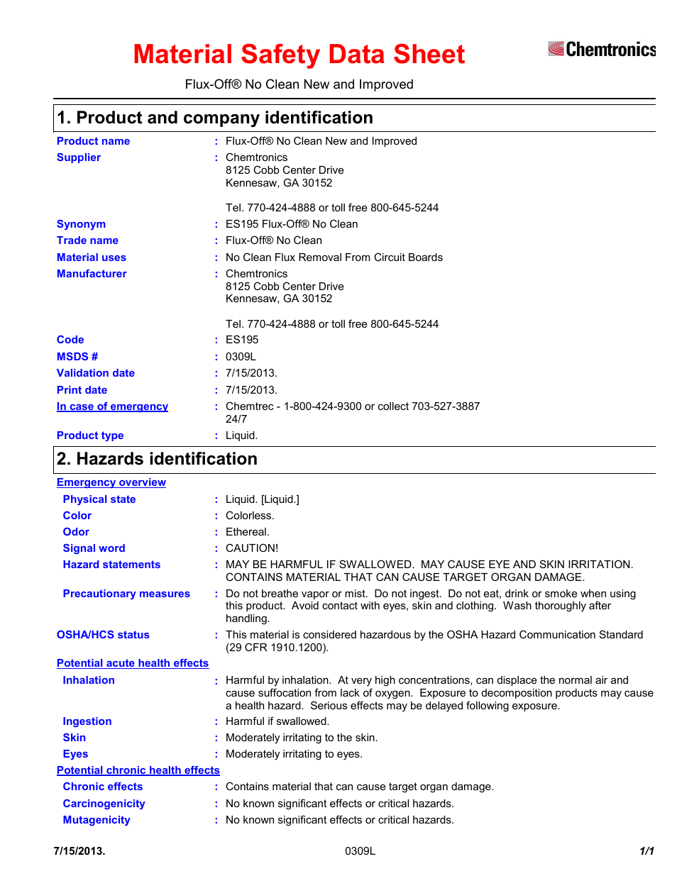 Chemtronics Flux-Off No Clean ES195 User Manual | 11 pages
