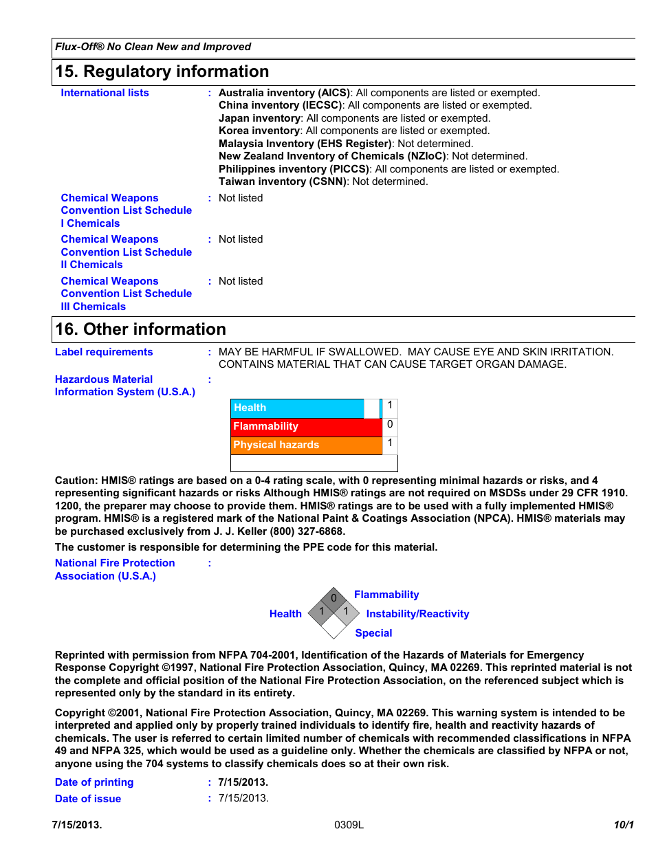 Regulatory information, Other information | Chemtronics Flux-Off No Clean ES195 User Manual | Page 10 / 11