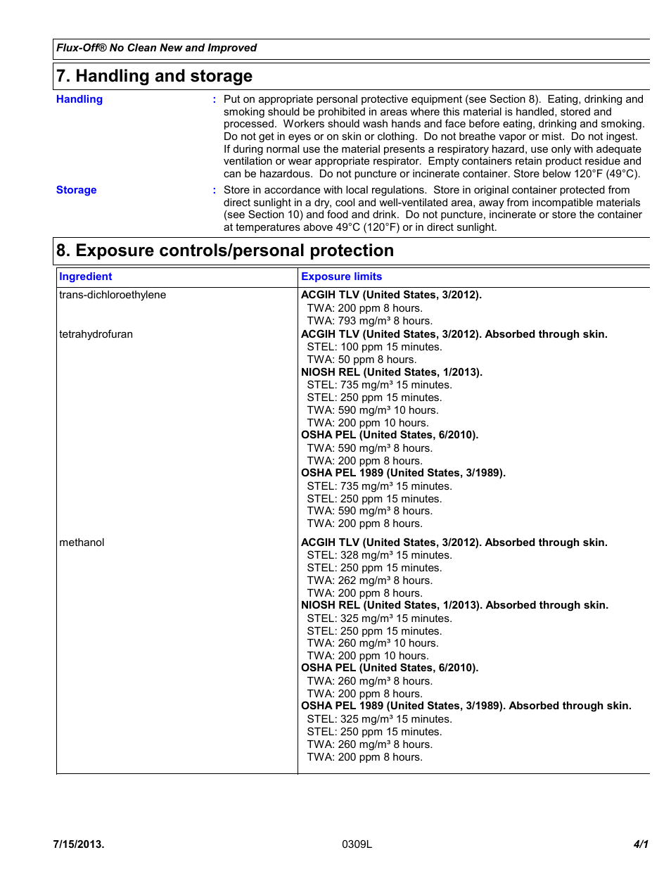 Handling and storage, Exposure controls/personal protection | Chemtronics Flux-Off No Clean ES195 User Manual | Page 4 / 11