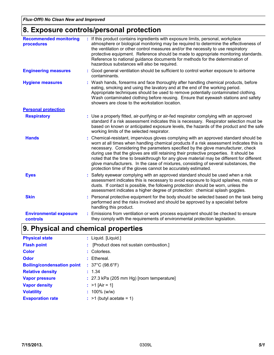 Exposure controls/personal protection, Physical and chemical properties | Chemtronics Flux-Off No Clean ES195 User Manual | Page 5 / 11