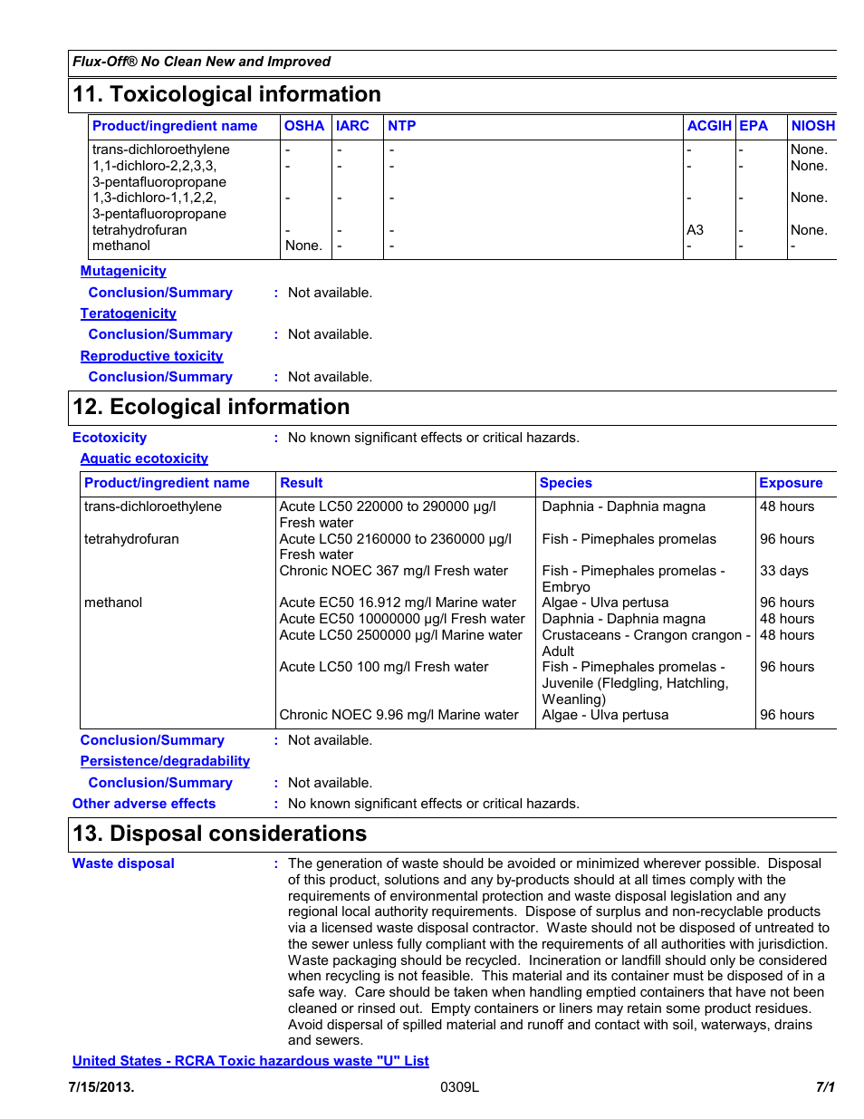Toxicological information, Ecological information, Disposal considerations | Chemtronics Flux-Off No Clean ES195 User Manual | Page 7 / 11