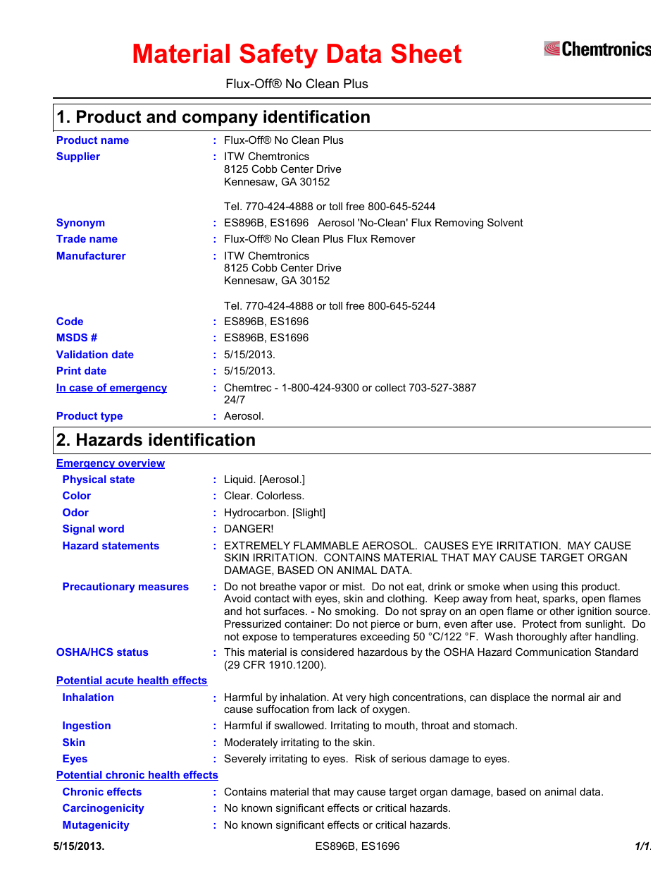 Chemtronics Flux-Off No Clean Plus ES896B User Manual | 12 pages
