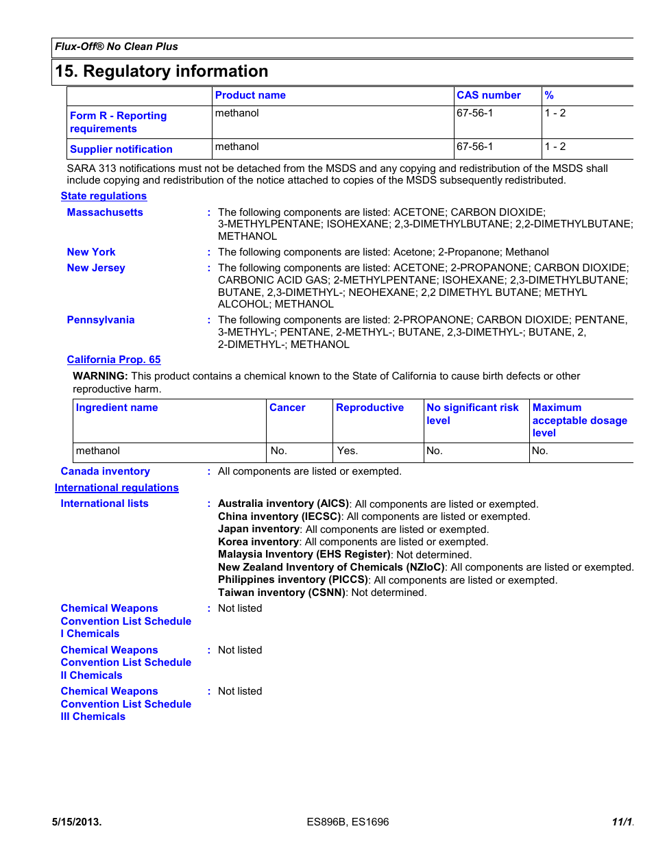 Regulatory information | Chemtronics Flux-Off No Clean Plus ES896B User Manual | Page 11 / 12