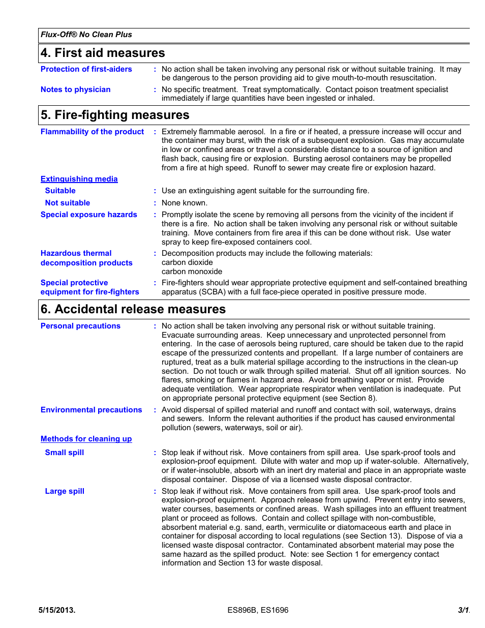 First aid measures, Fire-fighting measures, Accidental release measures | Chemtronics Flux-Off No Clean Plus ES896B User Manual | Page 3 / 12