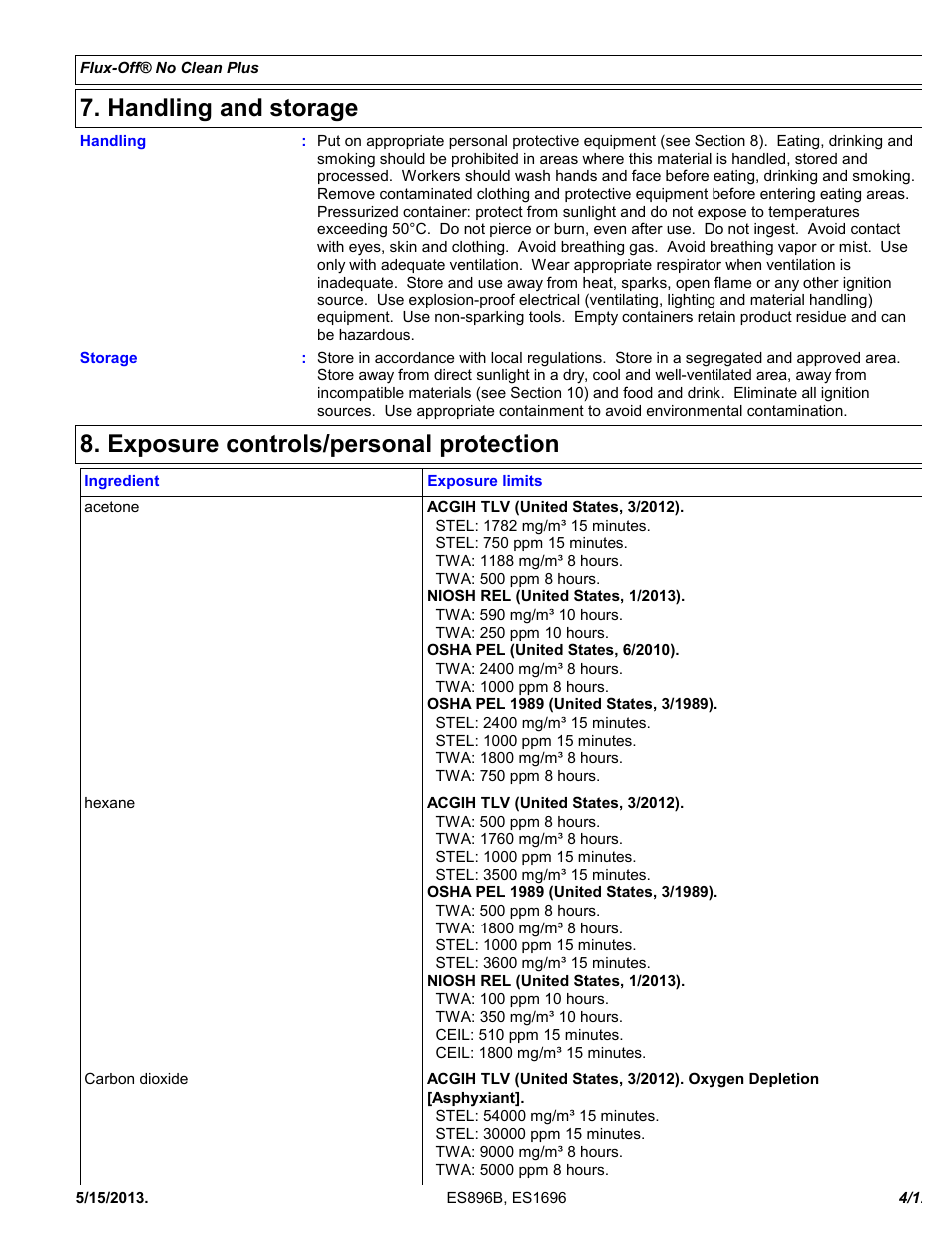 Handling and storage, Exposure controls/personal protection | Chemtronics Flux-Off No Clean Plus ES896B User Manual | Page 4 / 12