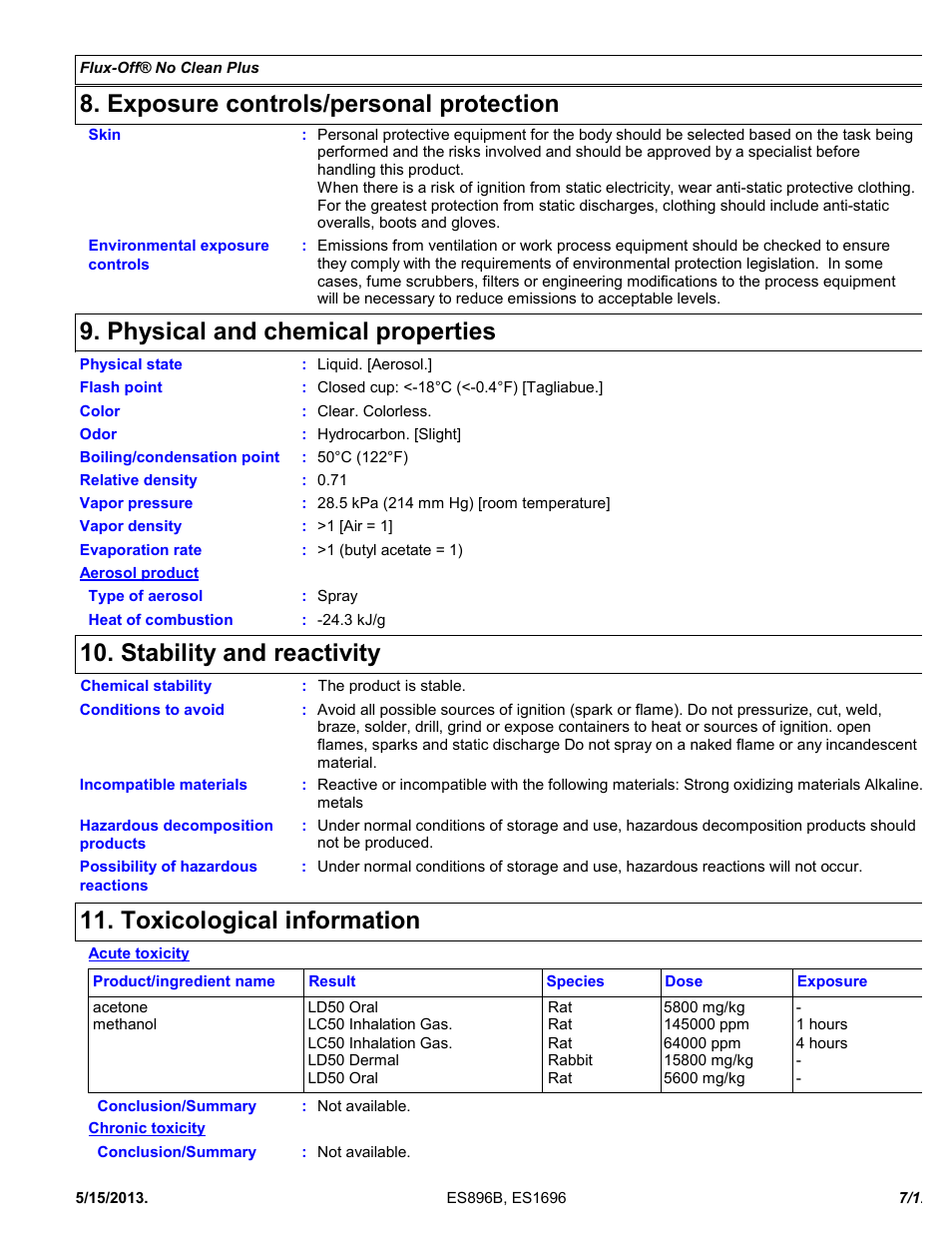 Exposure controls/personal protection, Physical and chemical properties, Stability and reactivity | Toxicological information | Chemtronics Flux-Off No Clean Plus ES896B User Manual | Page 7 / 12