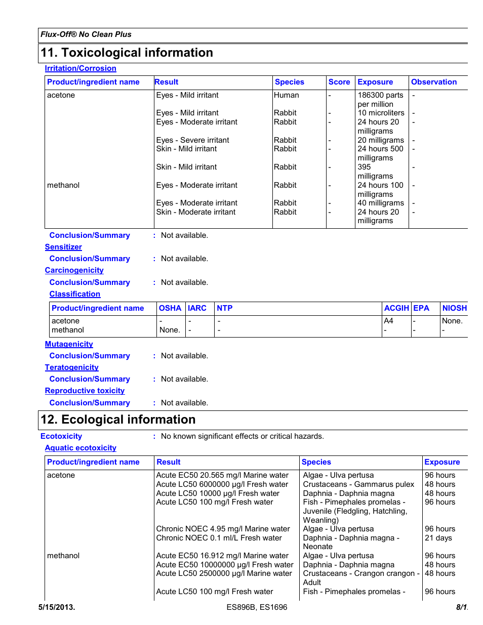Toxicological information, Ecological information | Chemtronics Flux-Off No Clean Plus ES896B User Manual | Page 8 / 12